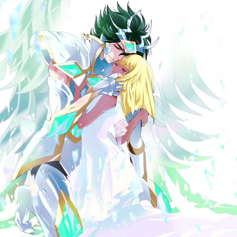 1girl armor blonde_hair closed_eyes green_hair jobo_(isi88) long_hair pallas_(saint_seiya) saint_seiya saint_seiya_omega short_hair titan_(saint_seiya_omega)