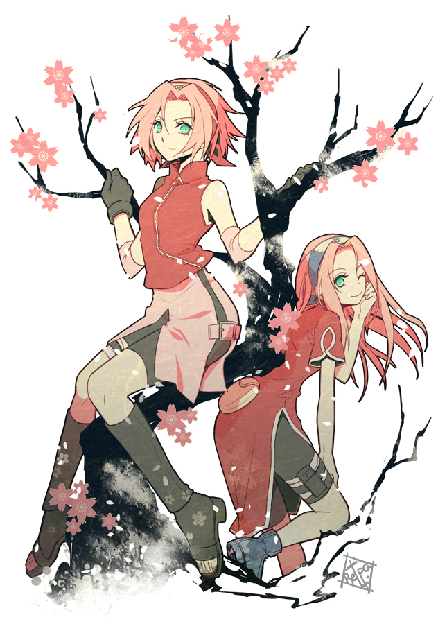 arm_warmers black_gloves boots branch cherry_blossoms dual_persona gloves green_eyes hairband haruno_sakura in_tree knee_boots long_hair looking_at_viewer multiple_girls naruto naruto_(series) naruto_shippuuden older one_eye_closed open_toe_shoes pink_hair retpa shoes short_hair shorts sitting sitting_in_tree smile tree younger zipper zipper_pull_tab