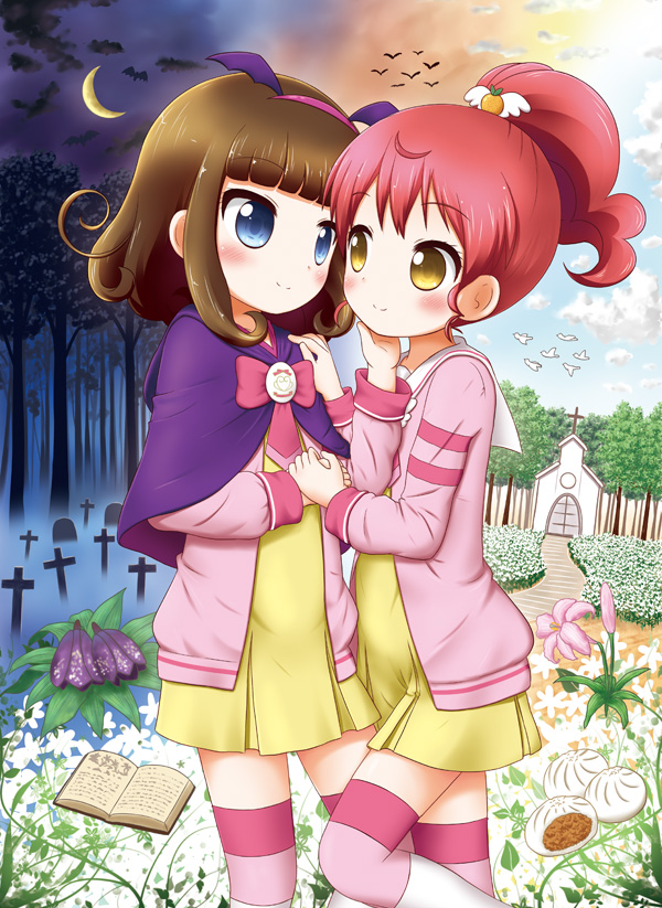 angel_and_devil aoba_(kona) bad_id bad_pixiv_id bangs baozi bat bellflower bird blue_eyes blunt_bangs blush book brown_hair building capelet cardigan church crescent_moon cross day day_and_night dress dumpling eye_contact face-to-face field flower flower_field fog food forest graveyard hair_ornament hairband hand_on_another's_cheek hand_on_another's_face hand_on_another's_shoulder high_ponytail holding_hands kurosu_aroma lily_(flower) long_sleeves looking_at_another moon multiple_girls nature night night_sky onion open_book open_cardigan open_clothes outdoors path pink_legwear pleated_dress pretty_(series) pripara red_hair road sailor_collar school_uniform serafuku shiratama_mikan sky smile split_theme thighhighs tree winged_hairband yellow_dress yellow_eyes yuri zettai_ryouiki