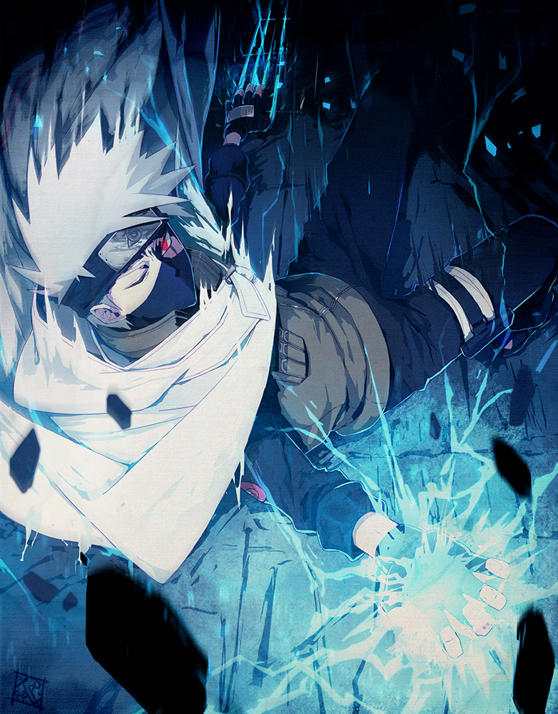 bandages falling hatake_kakashi lightning male_focus naruto naruto_(series) naruto_shippuuden one_eye_closed red_eyes retpa scar sharingan silver_hair solo spiked_hair