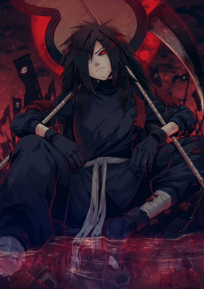 armor banner belt big_hair black_hair black_sclera commentary_request cracked_skin edo_tensei gloves grey_eyes holding holding_weapon kirigakure_symbol konohagakure_symbol kumogakure_symbol long_hair looking_at_viewer male_focus naruto_(series) naruto_shippuuden ninja red_eyes retpa sharingan skull solo spiked_hair sunagakure_symbol uchiha_madara weapon