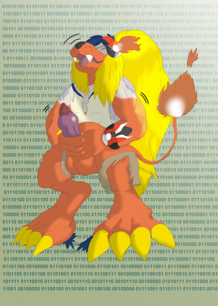 balls barbs digimon digital_media_(artwork) digitigrade dustyerror erection eyes_closed feline fire flaremon front_view glasse male mammal mane nude open_mouth penis ruined_clothing solo sopen_mouth standing transformation uncut unknown_species