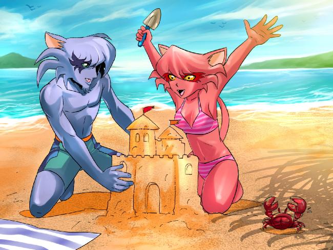 4_cat_generals beach breasts cat clothing duo eto_rangers feline female juken_(character) male mammal roran_(character) sand_castle sculpture seaside swimsuit