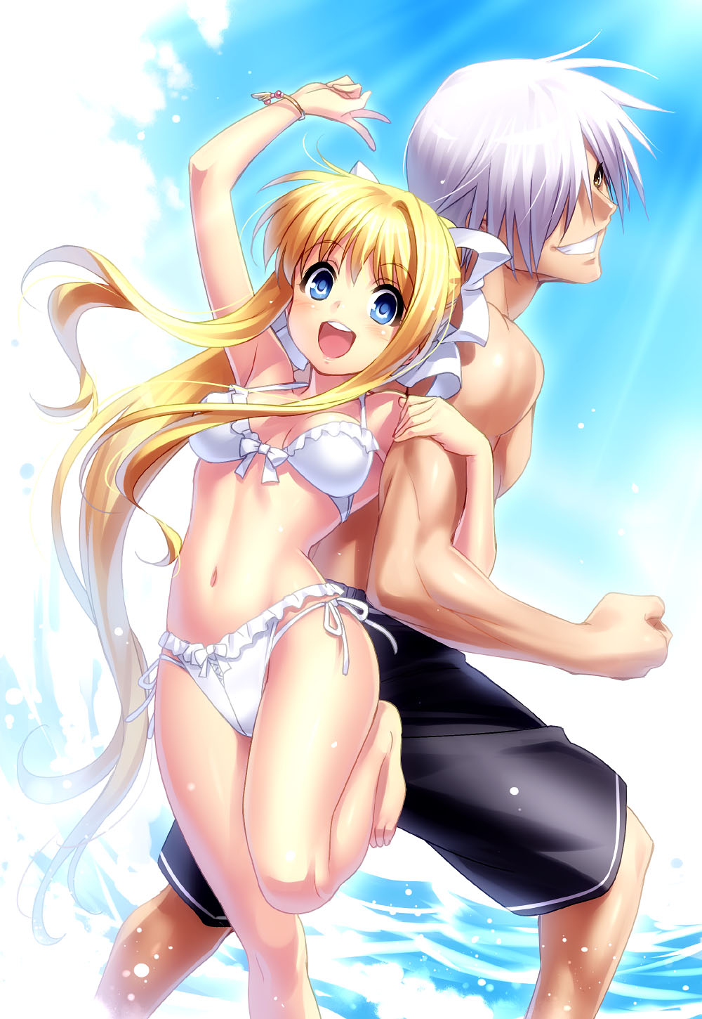 1girl :d air arm_up back-to-back barefoot bikini blonde_hair blue_eyes blush bracelet breasts cleavage commentary_request couple day hair_over_one_eye hair_ribbon hetero highres jewelry kamio_misuzu kunisaki_yukito long_hair looking_at_viewer male_swimwear medium_breasts navel open_mouth ponytail ribbon shorts side-tie_bikini silver_hair smile standing standing_on_one_leg swim_trunks swimsuit swimwear very_long_hair white_bikini zen