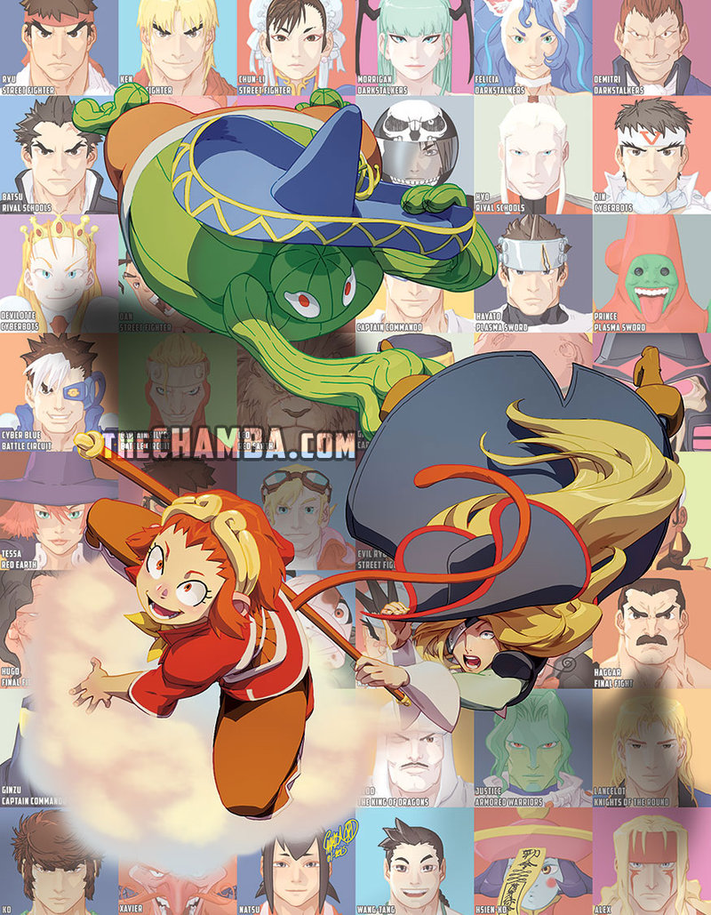 2girls alex_(street_fighter) amingo ayuhara_natsu blonde_hair brown_eyes brown_hair cameo capcom captain_commando captain_commando_(character) character_name character_request chun-li company_connection crossover cyberbots demitri_maximoff devilot_de_deathsatan_ix eyepatch falcon_(power_stone) felicia final_fight flying_nimbus hat hibiki_dan ichimonji_batsu imawano_hyou jeffrey_cruz justice_gakuen kanzaki_hayato_(star_gladiator) kazama_akira ken_masters lei_lei long_hair marvel_vs._capcom marvel_vs._capcom_2 mike_haggar monkey_tail monster_boy morrigan_aensland multiple_girls pirate pirate_hat plant_boy power_stone ruby_heart ryuu_(street_fighter) saotome_jin saturn_dyer short_hair sombrero sonson staff star_gladiator street_fighter street_fighter_iii_(series) street_fighter_zero_(series) tabasa tail vampire_(game) wang-tang warzard watermark web_address