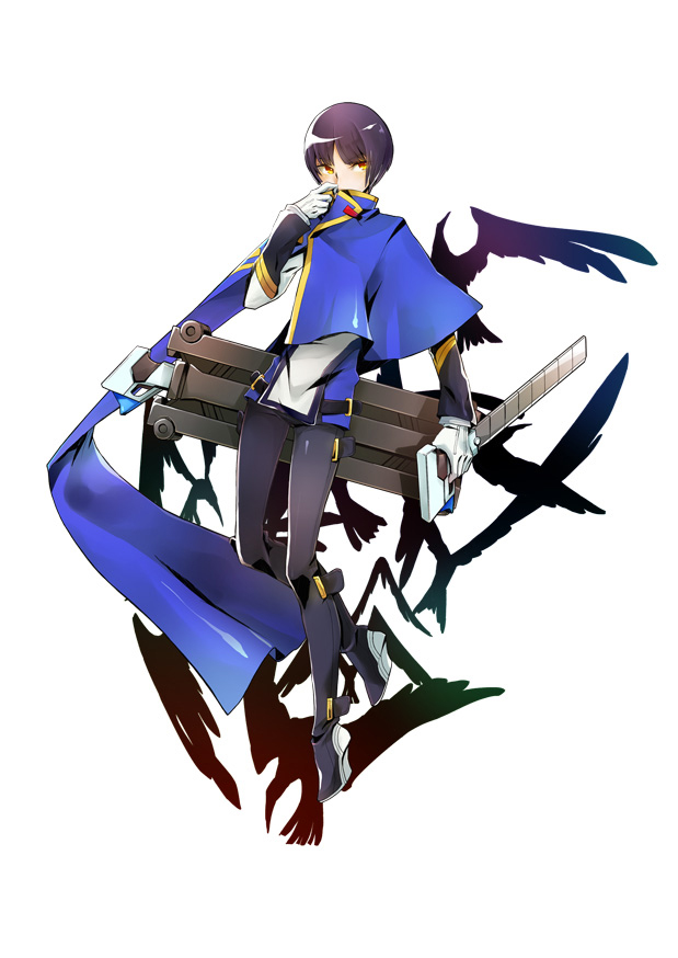 1boy arc_system_works black_hair blazblue blazblue:_central_fiction blue_cape cape dual_swords full_body hibiki_kohaku official_art simple_background solo