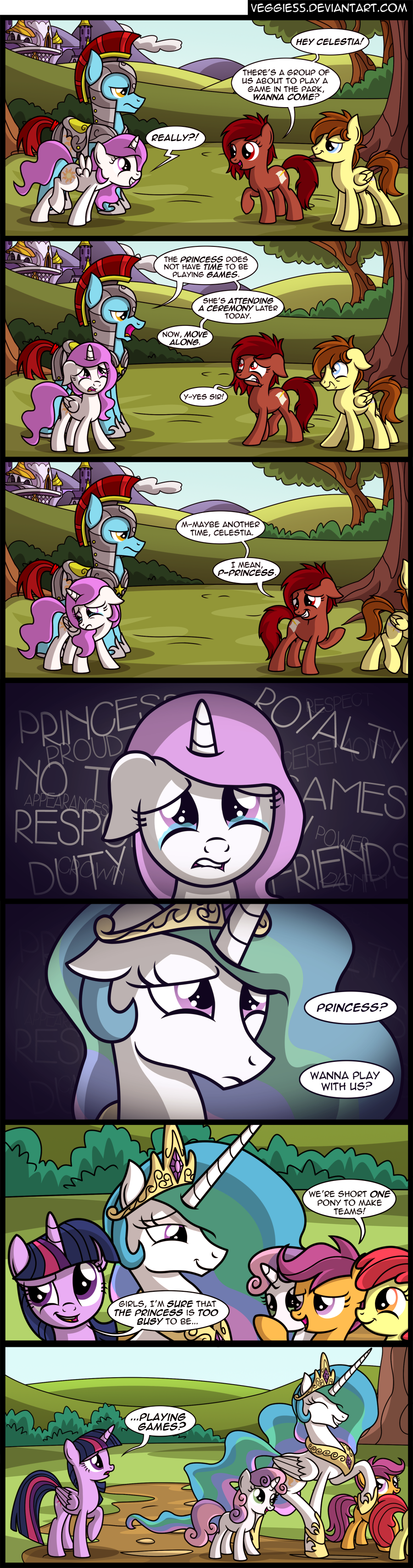 2015 absurd_res amber_eyes apple_bloom_(mlp) armor blue_eyes brown_hair castle comic cutie_mark cutie_mark_crusaders_(mlp) dialogue earth_pony english_text equine eye_contact eyes_closed fan_character female feral friendship_is_magic green_eyes group hair happy helmet hi_res horse long_hair male mammal multicolored_hair my_little_pony open_mouth outside pegasus pony princess_celestia_(mlp) purple_eyes purple_hair red_eyes red_hair royal_guard_(mlp) sad scootaloo_(mlp) smile sweetie_belle_(mlp) tears text tree twilight_sparkle_(mlp) veggie55 wings young