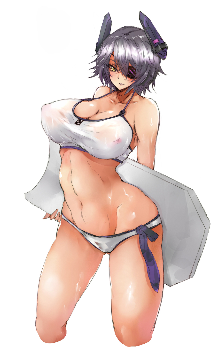 1girl bikini blush boogie_board breasts cleavage curvy erect_nipples eyepatch female gond headgear kantai_collection large_breasts looking_at_viewer navel parted_lips purple_hair see-through short_hair simple_background smile solo stomach swimsuit tenryuu_(kantai_collection) toned wet wet_swimsuit wide_hips yellow_eyes