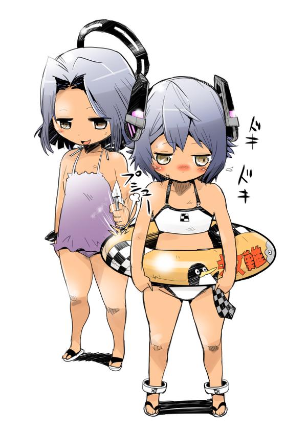 :d alternate_breast_size anklet bangs bare_shoulders bikini blush casual_one-piece_swimsuit checkered chibi evil_smile failure_penguin flat_chest fujita_kakuji full_body grey_hair groin headgear holding holding_needle innertube jewelry kantai_collection looking_away looking_down mechanical_halo miss_cloud motion_lines multiple_girls needle nose_blush one-piece_swimsuit open_mouth purple_swimsuit sandals shadow short_hair simple_background smile sports_bikini stabbing standing swimsuit swimsuit_skirt tatsuta_(kantai_collection) tenryuu_(kantai_collection) thighs translated wavy_mouth white_background white_bikini yellow_eyes