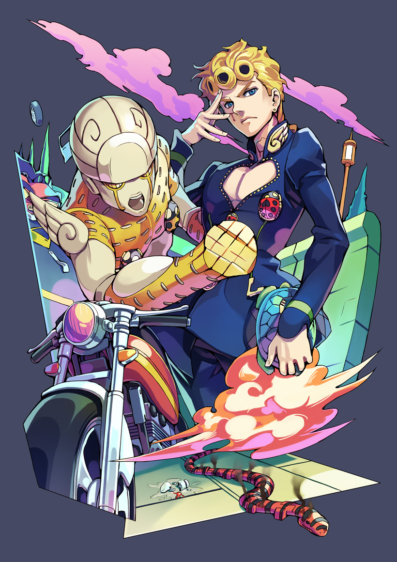 blonde_hair blood blue_eyes coco_jumbo giorno_giovanna gold_experience ground_vehicle hands injury jojo_no_kimyou_na_bouken male_focus motor_vehicle motorcycle ryuutetsu snake stand_(jojo) turtle vento_aureo