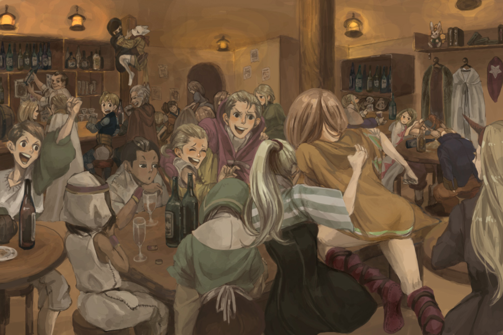 ^_^ ^o^ alcohol arms_up ass bar black_hair blonde_hair blush boots bottle brown_hair character_request cheering chemist_(fft) cidolfus_orlandeau cloak closed_eyes crowd cup dark_skin drinking_glass drunk final_fantasy final_fantasy_tactics geomancer_(fft) grey_hair head_scarf hood hooded_cloak horn indoors knee_boots lantern long_hair marach_galthena mime_(fft) monk_(fft) moogle multiple_boys multiple_girls mustadio_bunansa ninja_(fft) open_mouth pillar ponytail pr puffy_sleeves ramza_beoulve rapha_galthena samurai_(fft) shelf shield shirt short_hair sleeveless sleeveless_shirt smile summoner_(fft) table time_mage time_mage_(fft) vest wardrobe white_mage white_mage_(fft) wine_bottle wrist_cuffs