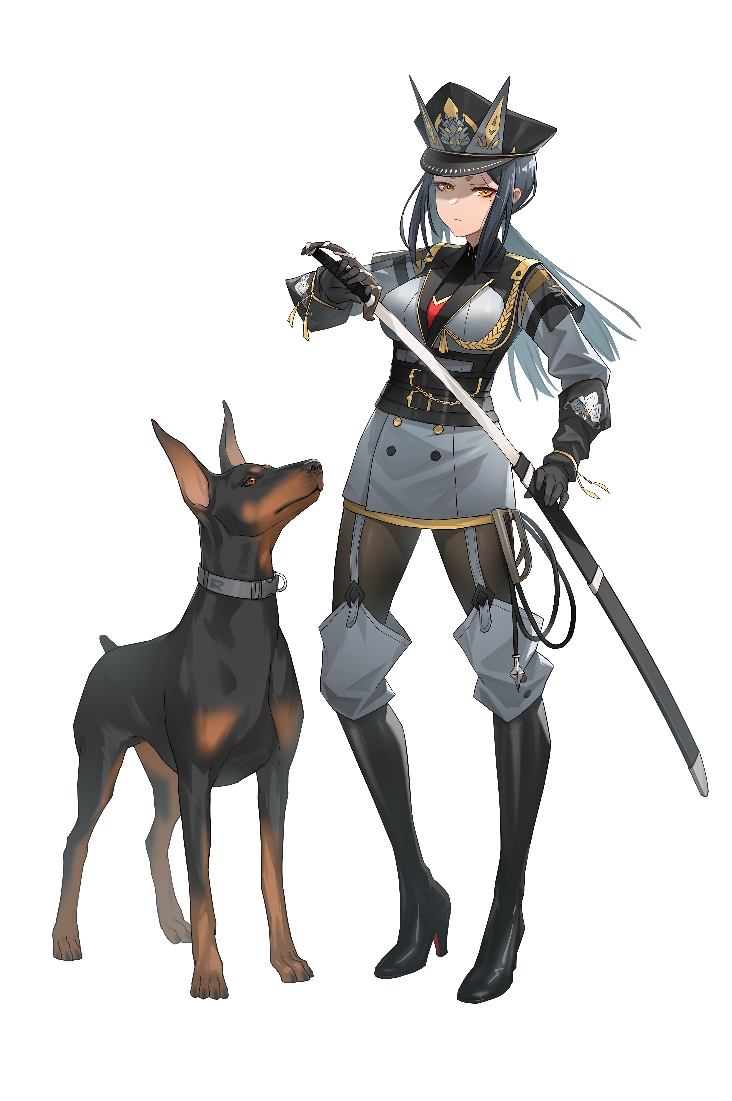 1girl animal arknights black_footwear black_gloves black_legwear boots breasts commentary_request doberman dobermann_(arknights) dog drawing_sword full_body garter_straps gloves hat high_heel_boots high_heels holding holding_sword holding_weapon jacket long_hair long_sleeves looking_at_viewer medium_breasts military military_hat military_uniform official_alternate_costume pantyhose redi_77 saber_(weapon) scabbard sheath silver_hair simple_background solo sword uniform weapon white_background yellow_eyes