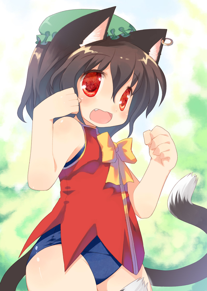 animal_ears bare_shoulders bow brown_hair cat_ears chen child earrings fang hat jewelry open_mouth red_eyes short_hair solo swimsuit swimsuit_under_clothes tail toba_hiyoko touhou