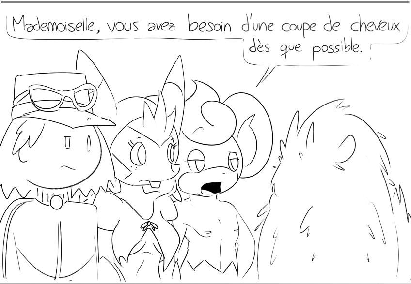 2015 anthro black_and_white breasts buckteeth colliefleur dialogue elpatrixf female flammin'go french_text furfrou group hat human male mammal marissa monochrome nintendo open_mouth pansear pok&eacute;mon pok&eacute;mon_trainer pok&eacute;morph quilladin simple_background text video_games white_background