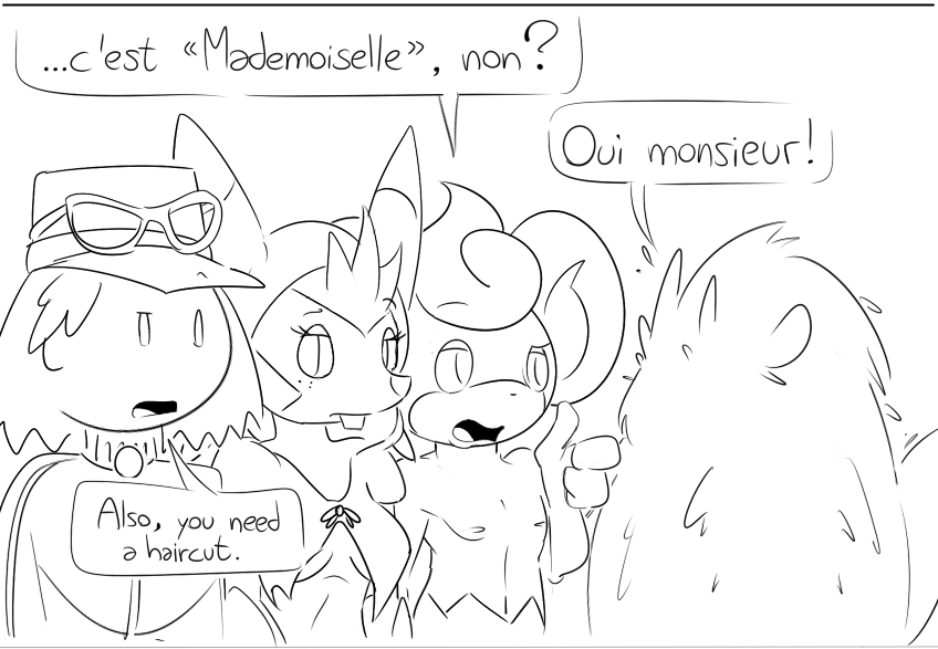 2015 anthro black_and_white breasts buckteeth colliefleur dialogue elpatrixf english_text female flammin'go french_text furfrou group hat human male mammal marissa monochrome nintendo open_mouth pansear pok&eacute;mon pok&eacute;mon_trainer pok&eacute;morph quilladin simple_background text video_games white_background