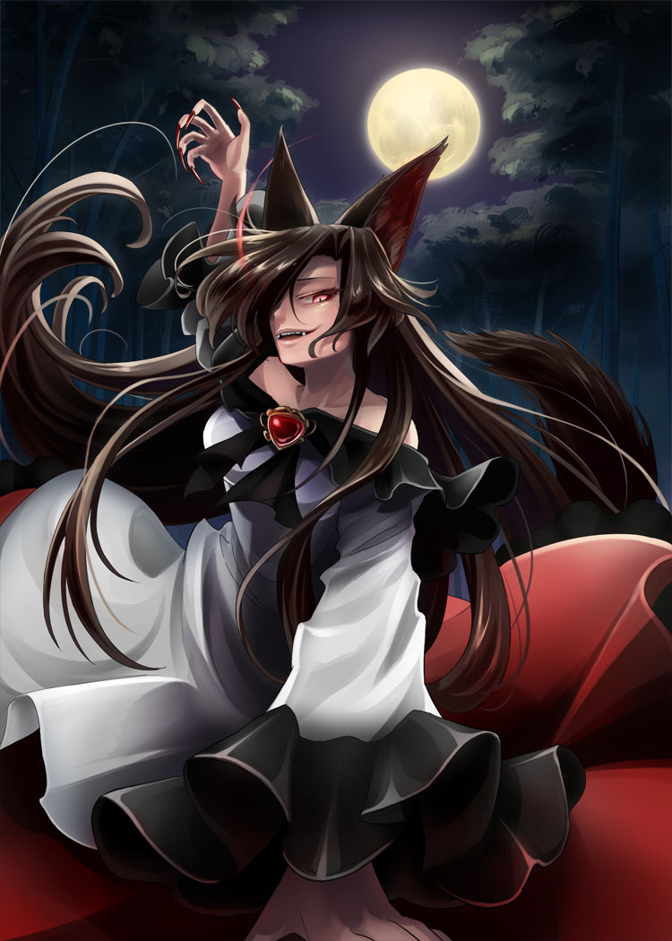 animal_ears bare_shoulders brooch commentary fangs fingernails forest full_moon hakiata imaizumi_kagerou jewelry light_trail long_fingernails long_hair long_sleeves looking_at_viewer moon nature night shirt skirt sky solo spell tail touhou very_long_hair wide_sleeves wolf_ears wolf_tail