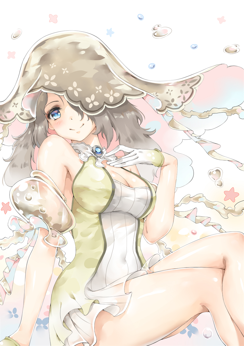 1girl air_bubble bare_shoulders blue_eyes breasts bubble choker cleavage dress gem gloves gradient_gloves grey_hair hair_over_one_eye handesu highres jellyfish large_breasts layered_dress legs_crossed long_hair looking_at_viewer original short_dress sitting smile solo thighs veil white_gloves