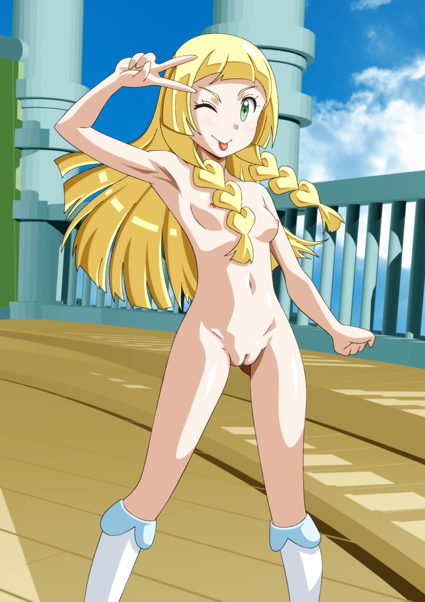;p arm_up armpits blonde_hair braid breasts carinae censored cleft_of_venus closed_mouth cloud creatures_(company) decensor_request game_freak green_eyes kneehighs lillie_(pokemon) long_hair looking_at_viewer mosaic_censoring navel nintendo nipples nude one_eye_closed outdoors photo_background pointless_censoring pokemon pokemon_(anime) pokemon_sm_(anime) public pussy sky small_areolae small_breasts small_nipples smile solo standing tied_hair tongue tongue_out twin_braids v white_legwear wink