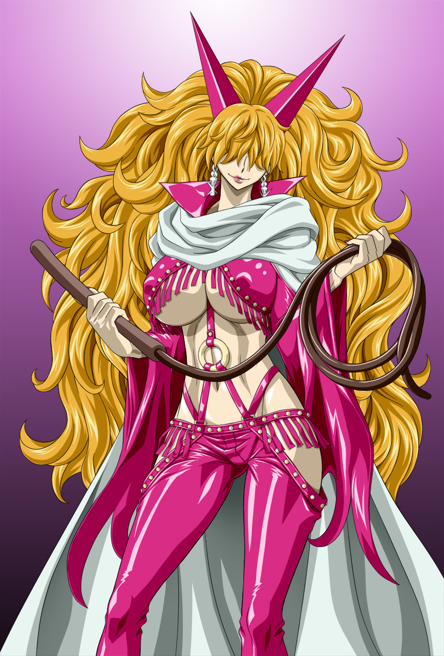 1girl blonde_hair breasts cloak earrings erect_nipples female hair_over_eyes highres holding jewelry large_breasts leather legs lipstick long_hair makeup midriff navel nel-zel_formula one_piece sadi-chan simple_background skin_tight smile solo thighs underboob very_long_hair wavy_hair whip