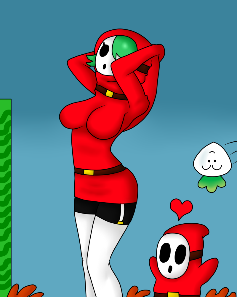 2015 big_breasts breasts butt clothed clothing duo female half-dressed hood humanoid legwear male male/female mario_bros mask nintendo not_furry open_mouth shygirl shyguy video_games