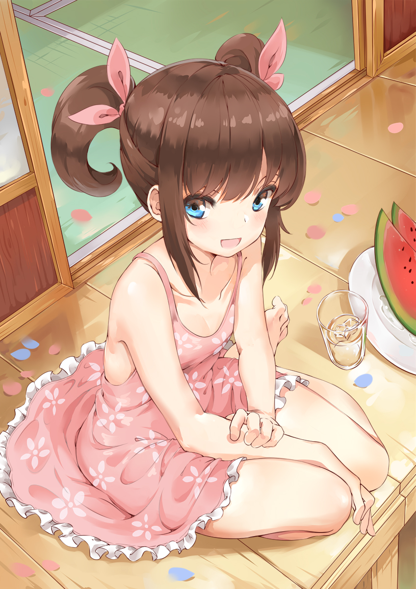 1girl :d bangs bare_shoulders barefoot blue_eyes blush brown_hair collarbone cup dress drinking_glass food frilled_dress frills fruit hair_ribbon handesu highres ice ice_cube looking_at_viewer medium_hair open_mouth original petals pink_dress pink_ribbon plate porch ribbon short_twintails sitting smile solo summer sundress twintails watermelon