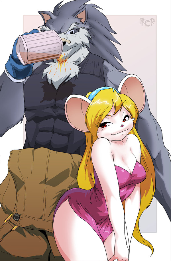 alcohol anthro beverage blonde_hair breasts canine chest_tuft cleavage clothed clothing cup dress female food fur gloves grey_fur hair male mammal mouse muscles overalls plaster rodent shirt shonuff shred smile squeek suggestive tank_top thick_thighs tuft white_fur wide_hips wolf