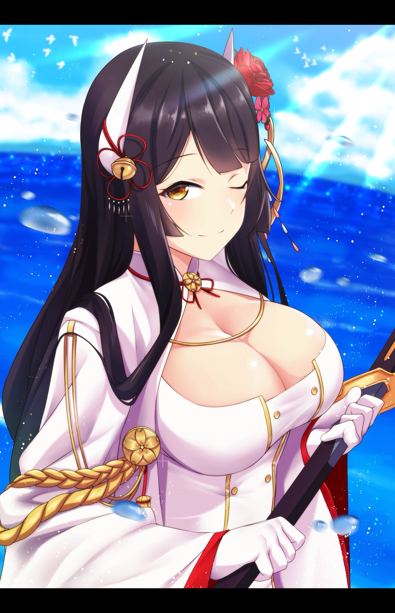 1girl azur_lane bangs black_hair breasts cleavage_cutout cloud commentary_request day flower gloves hair_ornament hiei_(azur_lane) highres holding holding_sword holding_weapon horns kagiyama_(gen'ei_no_hasha) kagiyama_(gen'ei_no_hasha) katana large_breasts long_hair looking_at_viewer ocean one_eye_closed outdoors red_flower red_rose rose sky solo sunlight sword water weapon white_gloves wide_sleeves yellow_eyes