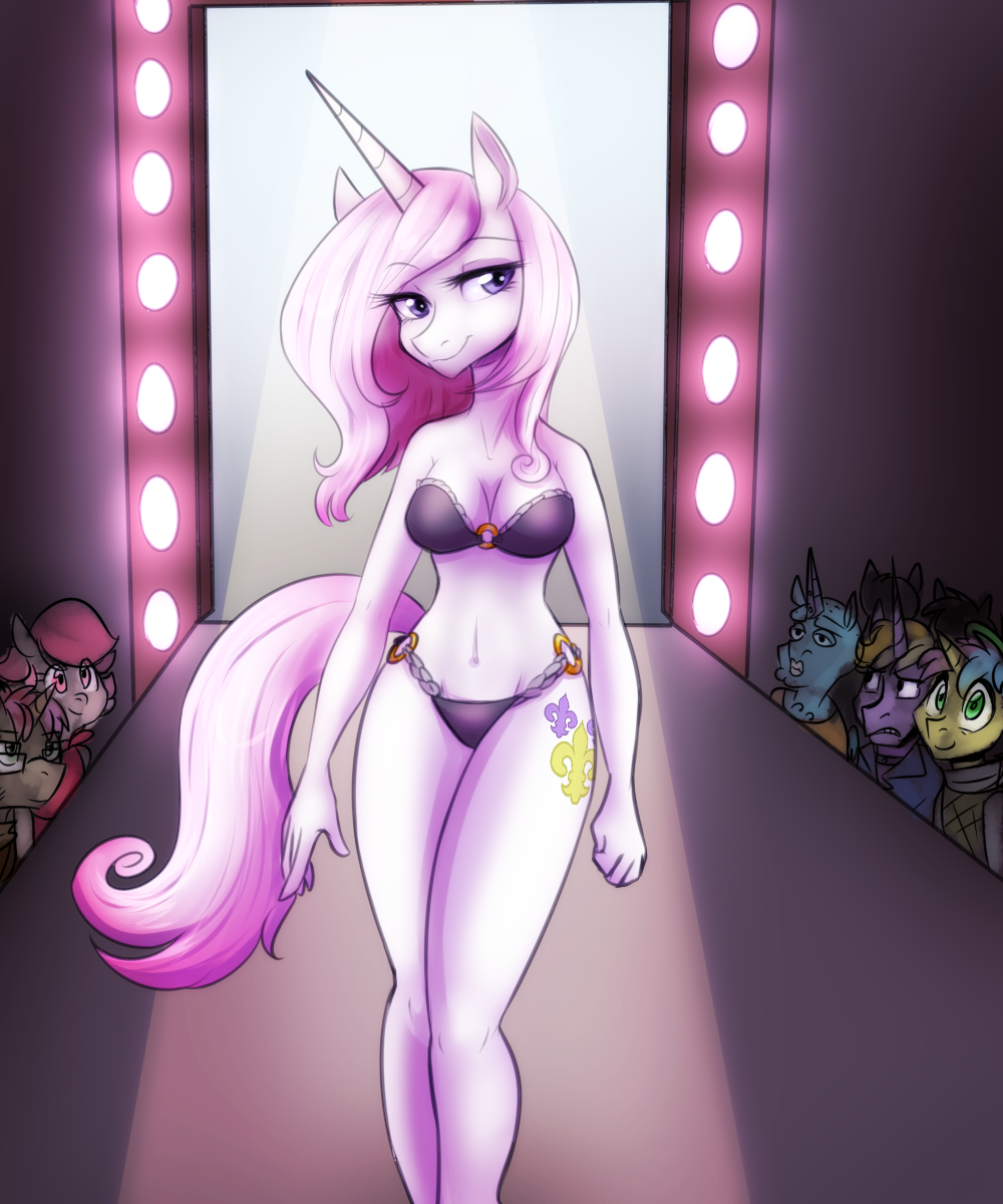 2015 anthro anthrofied balddumborat bra catwalk cleavage clothed clothing cutie_mark earth_pony equine eyewear female fleur_de_lis_(mlp) friendship_is_magic glasses green_eyes group hair horn horse male mammal my_little_pony navel panties pink_hair pony smile underwear unicorn