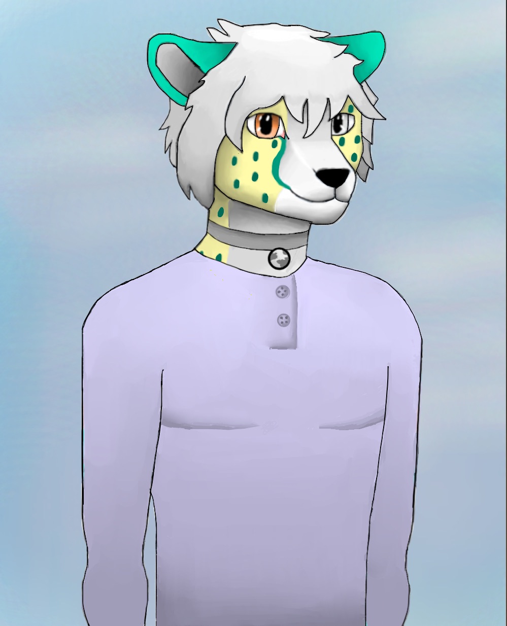 2015 anthro cheetah clothing collar feline heterochromia male mammal moon_fang15 outside shirt simple_background solo spots standing