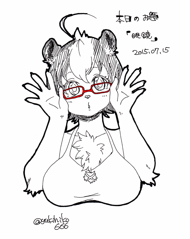 abstract_background big_breasts black_hair breasts eyewear female glasses hair japanese_text kimichika looking_at_viewer mammal multicolored_hair open_mouth short_hair simple_background sketch skunk text two_tone_hair white_hair