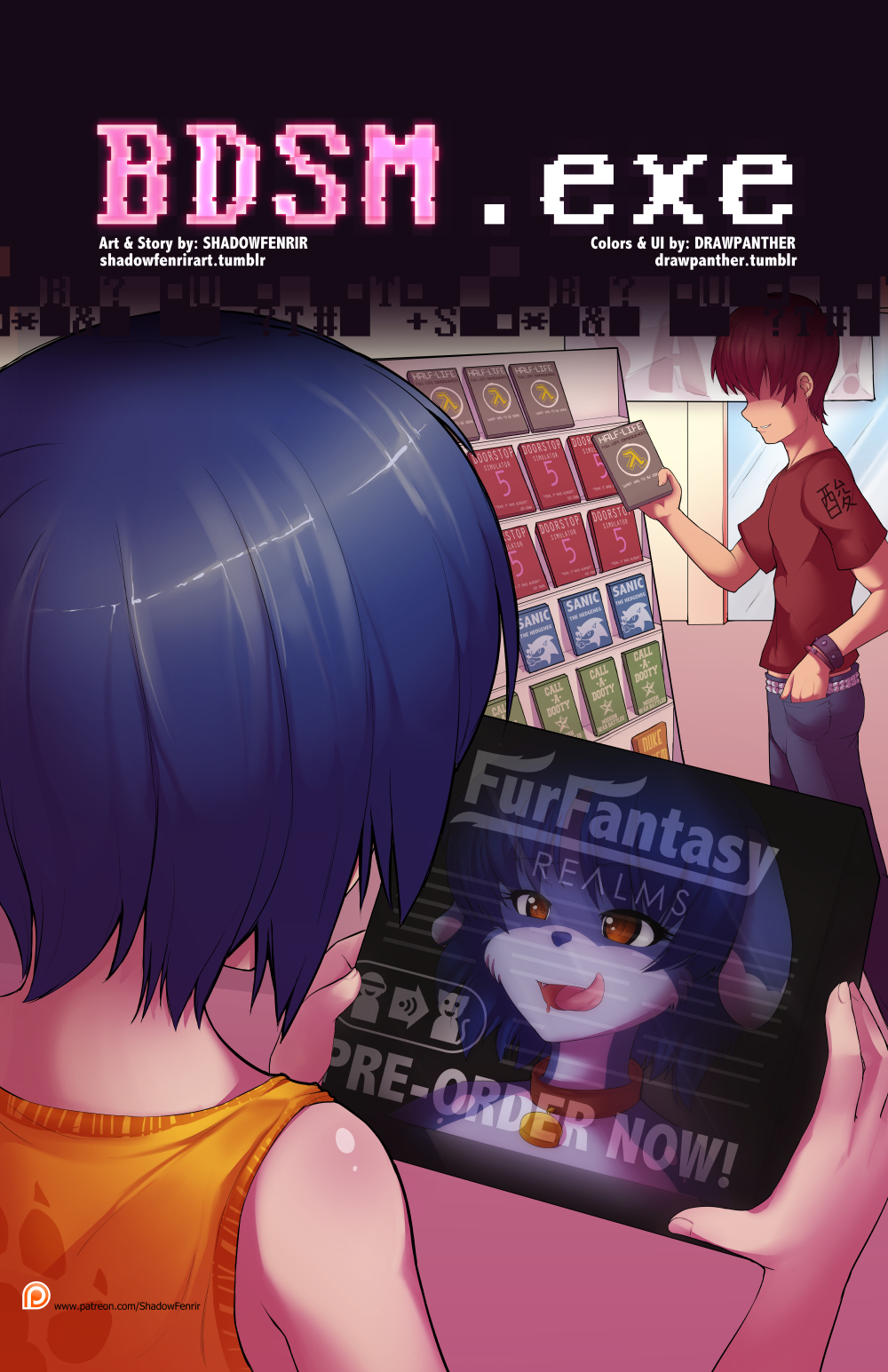 bdsm.exe blue_fir blue_hair canine cheek_tuft clothed clothing collar comic cover dog duke_nukem english_text female floppy_ears fur hair half-life human inside looking_at_viewer looking_down male mammal open_mouth piercing red_hair sanic shadowfenrirart smile sonic_(series) store tablet taffeta_(bdsm.exe) teeth text tongue tongue_out tuft video_games white_fur yellow_eyes