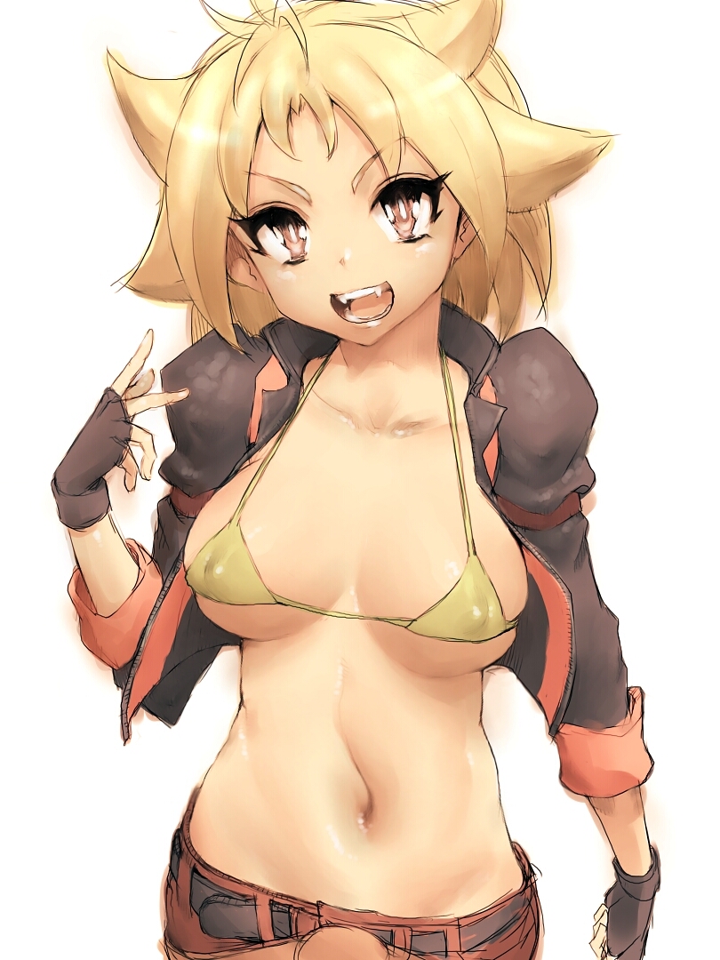 &gt;:d 1girl :d bangs belt beyblade bikini bikini_top black_gloves blonde_hair breasts breasts_apart cleavage clenched_hand collarbone cropped_jacket curvy erect_nipples fangs fingerless_gloves fumio_(rsqkr) gloves high_collar jacket kurenai_ren looking_at_viewer lowleg metal_fight_beyblade micro_bikini midriff navel open_clothes open_jacket open_mouth orange_eyes photoshop rough short_hair shorts sideboob simple_background sketch skindentation sleeves_rolled_up smile solo spiked_hair standing string_bikini swimsuit swimsuit_under_clothes underboob upper_body wide_hips yellow_bikini