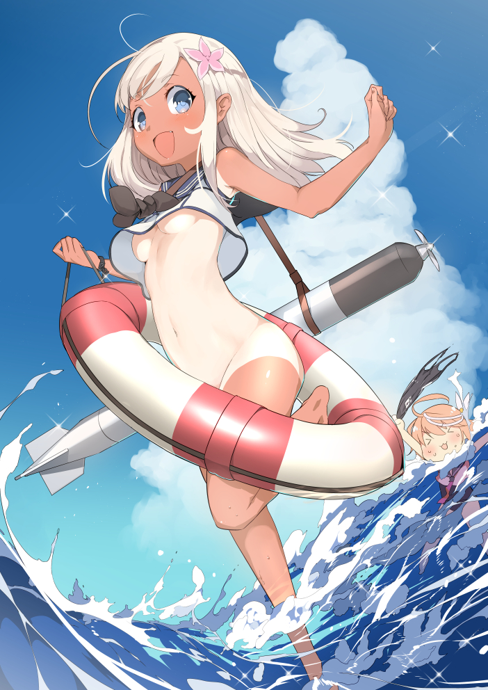 &gt;_&lt; :3 :d assisted_exposure barefoot blonde_hair blush bottomless breasts closed_eyes clothes_theft convenient_censoring crop_top dark_skin embarrassed fang holding holding_swimsuit i-58_(kantai_collection) kantai_collection lifebuoy long_hair md5_mismatch multiple_girls naitou_ryuu navel no_bra one-piece_swimsuit_removed one-piece_tan open_mouth revision ro-500_(kantai_collection) school_swimsuit small_breasts smile swimsuit swimsuit_removed swimsuit_theft tan tanline theft torpedo twitter_username underboob