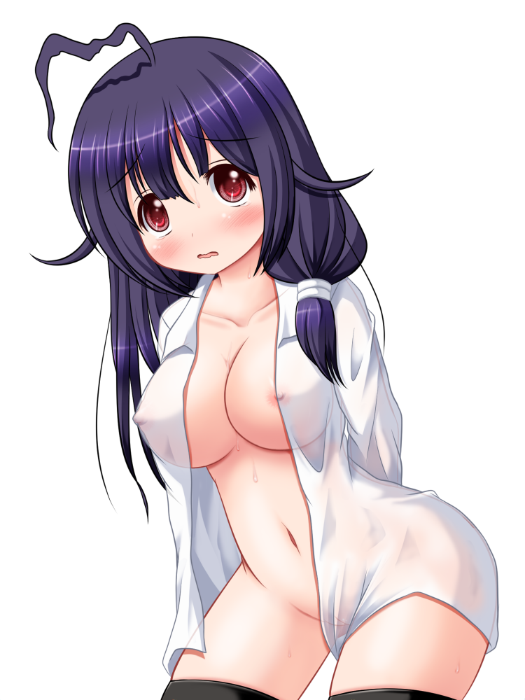 ahoge areola_slip areolae arms_behind_back bent_over black_legwear blush bottomless breasts collarbone covered_nipples cowboy_shot kantai_collection leaning_forward looking_at_viewer low_twintails medium_breasts naked_shirt navel nipples no_panties open_clothes open_shirt parted_lips purple_hair pussy red_eyes riku_(rikkuru) see-through shirt simple_background solo sweat taigei_(kantai_collection) tears thighhighs twintails wavy_mouth white_background