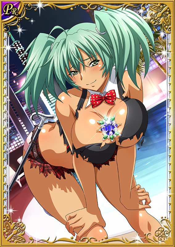 1girl blush breasts cleavage dark_skin female green_eyes ikkitousen large_breasts long_hair official_art panties pink_panties ryofu_housen smile solo standing torn_clothes underwear