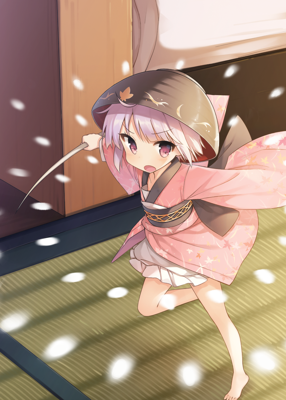 bad_id bad_pixiv_id bare_legs barefoot bowl bowl_hat commentary danmaku floral_print hat highres holding_needle japanese_clothes kimono long_sleeves needle obi open_mouth purple_eyes purple_hair sash shinoba solo spell sukuna_shinmyoumaru tatami touhou wide_sleeves