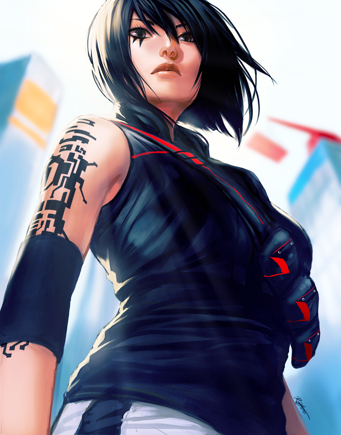backlighting black_eyes black_hair elbow_pads facial_tattoo faith_connors from_below lips mirror's_edge nose pouch rejean_dubois short_hair sleeveless solo tattoo