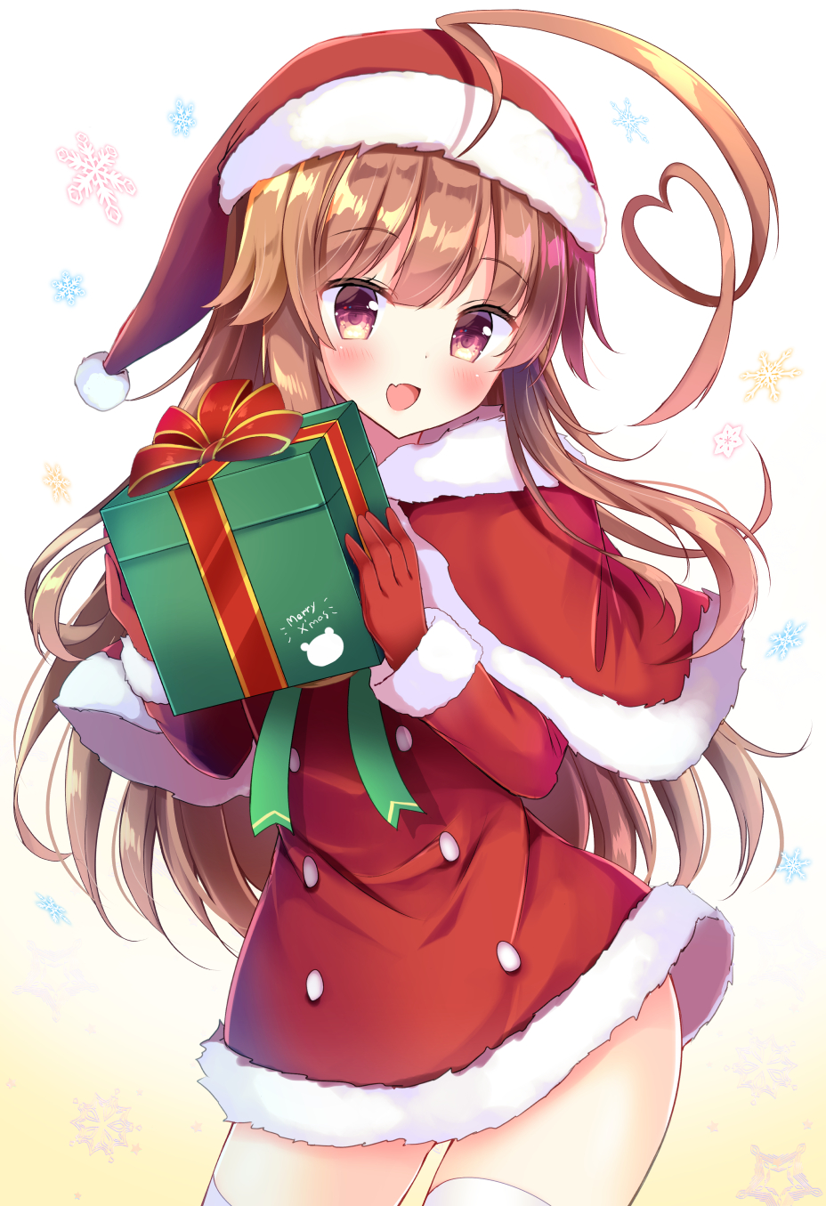 1girl :d ahoge bangs blush brown_hair capelet commentary_request cowboy_shot dress eyebrows_visible_through_hair fang fur_trim gift gloves hat heart_ahoge highres holding holding_gift kantai_collection kuma_(kantai_collection) long_hair long_sleeves looking_at_viewer masayo_(gin_no_ame) merry_christmas open_mouth red_capelet red_dress red_eyes red_gloves red_hat santa_costume santa_hat sidelocks smile snowflakes solo standing thighhighs white_legwear