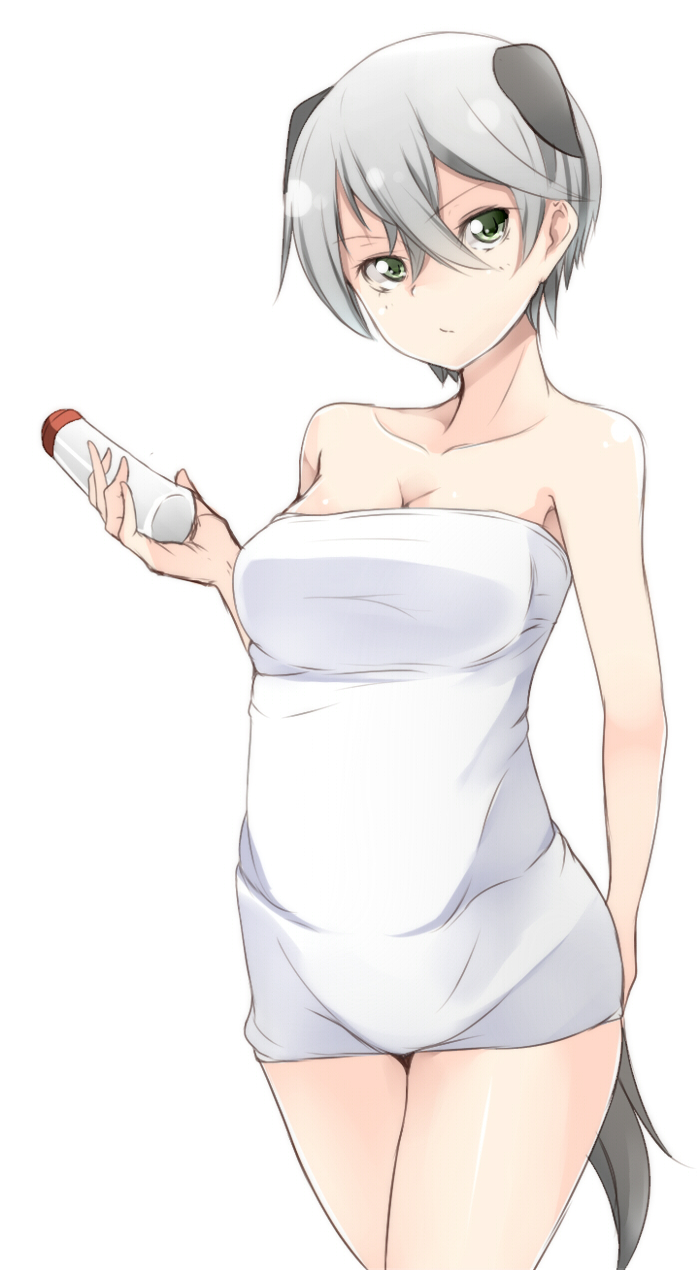 amai_nekuta animal_ears bangs breasts cleavage collarbone dog_ears dog_tail green_eyes hair_between_eyes highres laura_toth medium_breasts naked_towel short_hair silver_hair simple_background solo tail towel white_background world_witches_series