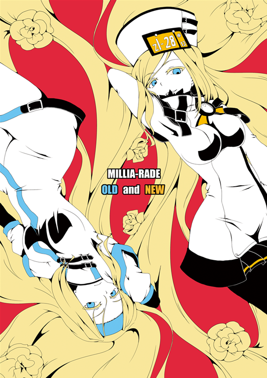 belt blonde_hair blue_eyes comiket_88 cover cover_page doujin_cover dress dual_persona guilty_gear guilty_gear_xrd hat long_hair millia_rage multiple_girls neko_yume smile typo upside-down very_long_hair