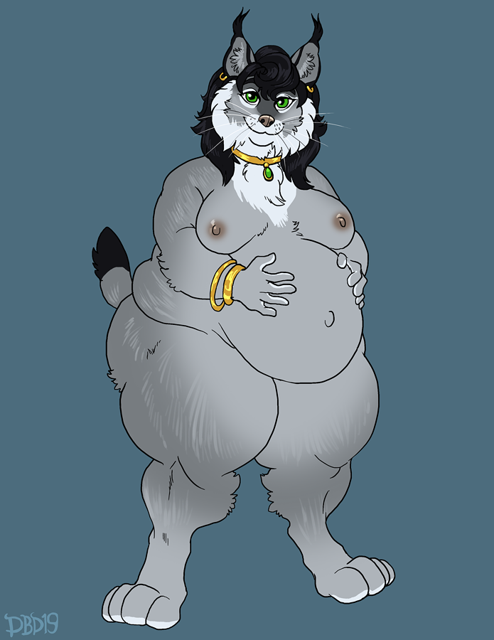 anthro breasts collar dbd felid feline looking_at_viewer lynx mammal mostly_nude nipples obese obese_female overweight smile solo standing
