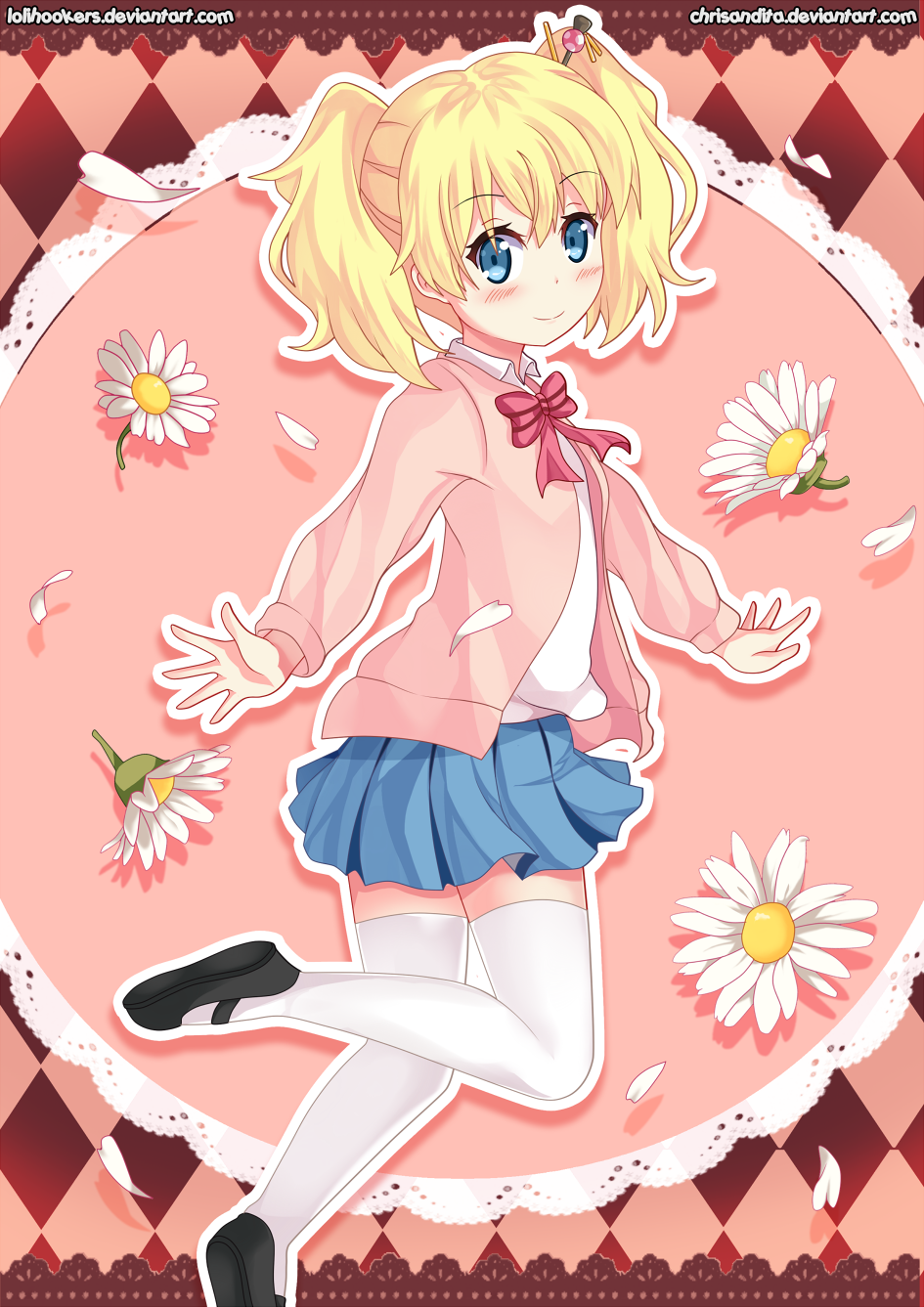 alice_cartelet argyle argyle_background artist_name black_footwear blonde_hair blue_eyes blue_skirt blush bow bowtie cardigan chrisandita flower hair_ornament highres kin-iro_mosaic lace_background lace_border long_sleeves looking_at_viewer mary_janes outline petals pink_background pleated_skirt red_bow red_neckwear ribbon school_uniform shirt shoes skirt smile solo striped striped_bow striped_neckwear thighhighs twintails watermark web_address white_legwear wing_collar