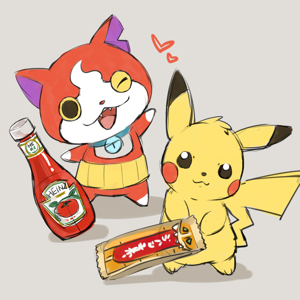 candy_bar cat chocoboo crossover fangs gen_1_pokemon haramaki heart heinz jibanyan ketchup looking_at_viewer no_humans notched_ear one_eye_closed open_mouth pikachu pokemon pokemon_(creature) simple_background sketch youkai youkai_watch zrae