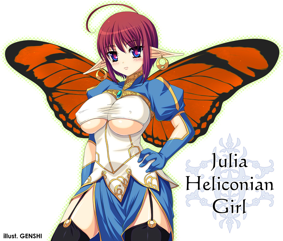 bad_id bad_pixiv_id blue_eyes blush breasts butterfly_wings earrings garter_straps genshi hand_on_hip jewelry large_breasts original pointy_ears red_hair solo thighhighs underboob wings