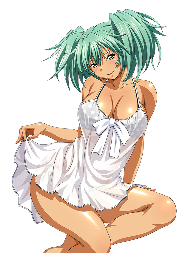 1girl breasts dark_skin female green_hair ikkitousen large_breasts long_hair official_art ryofu_housen simple_background smile solo