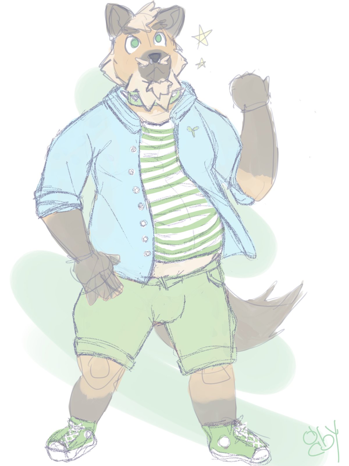 2018 anthro belly clothing green_eyes greenbeanyeen humanoid_hands hyena male mammal overweight overweight_male shirt shorts solo