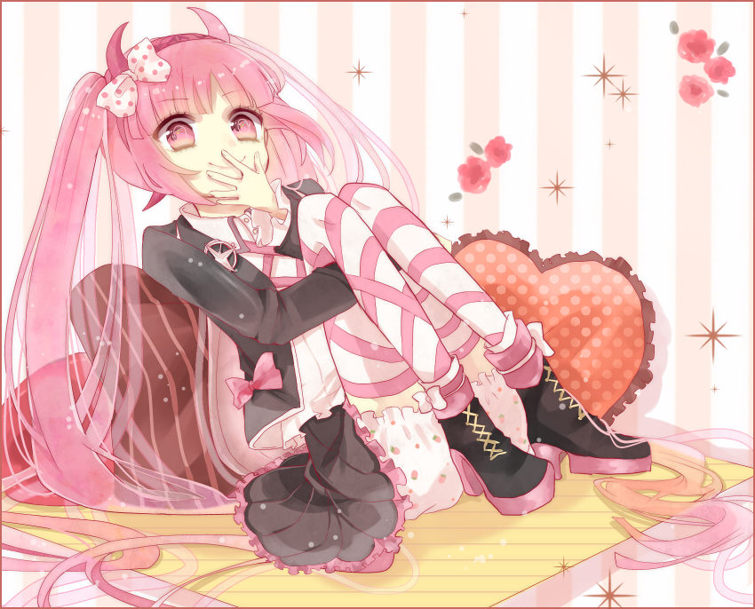 1girl bangs black_footwear black_skirt boots bow commentary_request danganronpa eyebrows_visible_through_hair fake_horns hair_bow hand_to_own_mouth heart heart_pillow holding_legs horns jacket long_hair multicolored multicolored_clothes multicolored_legwear no_nose on_ground open_clothes open_jacket pillow pink_eyes pink_hair pink_horns pink_ribbon quill ribbon ringoro sitting skirt smile solo striped striped_background striped_legwear striped_pillow thighhighs twintails utsugi_kotoko very_long_hair wooden_floor zettai_zetsubou_shoujo