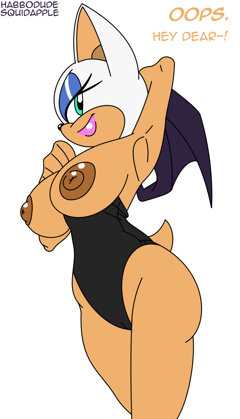 bat blue_eyes breasts brown_nipples english_text female habbodude lips looking_at_viewer mammal nipples rouge_the_bat solo sonic_(series) text