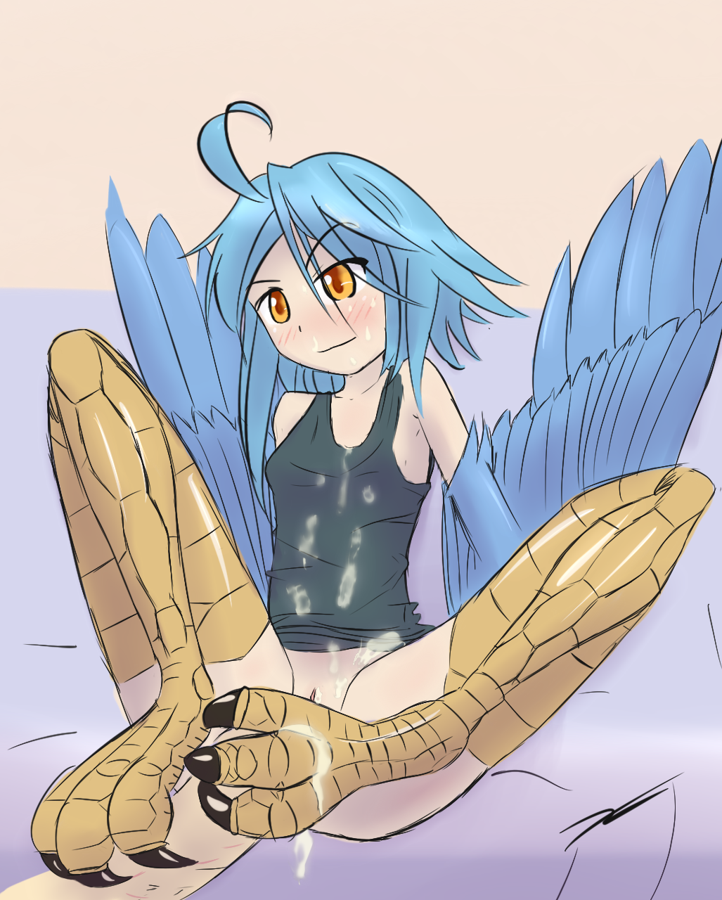 animal_feet avian blue_hair bottomless breasts clitoris clothed clothing cum cum_on_face cum_on_feet cum_on_stomach feathers feet female foot_fetish footjob hair half-dressed half_human harpy human kamperkiller_(artist) male mammal monster_musume monster_musume_no_iru_nichijou papi_(monster_musume) penis pussy small_breasts talons