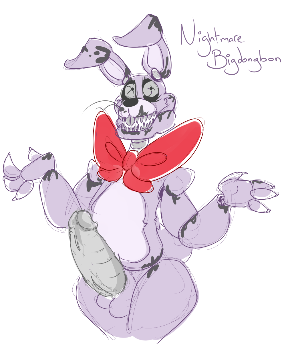 animatronic anthro balls bow buckteeth english_text erection five_nights_at_freddy's lagomorph long_ears looking_at_viewer machine male mammal nightmare_bonnie_(fnaf) nude penis rabbit robot sharp_teeth smile solo standing teeth text unknown_artist video_games